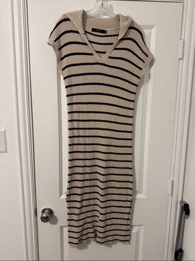 Striped Hooded Rib Knit Midi Dress - Beige/Black